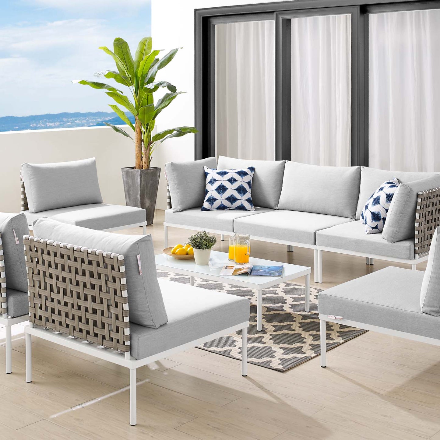 Harmony 8-Piece Sunbrella® Basket Weave Outdoor Patio Aluminum Sectional Sofa Set, Aluminum, Metal, Steel, Grey Gray, 20757