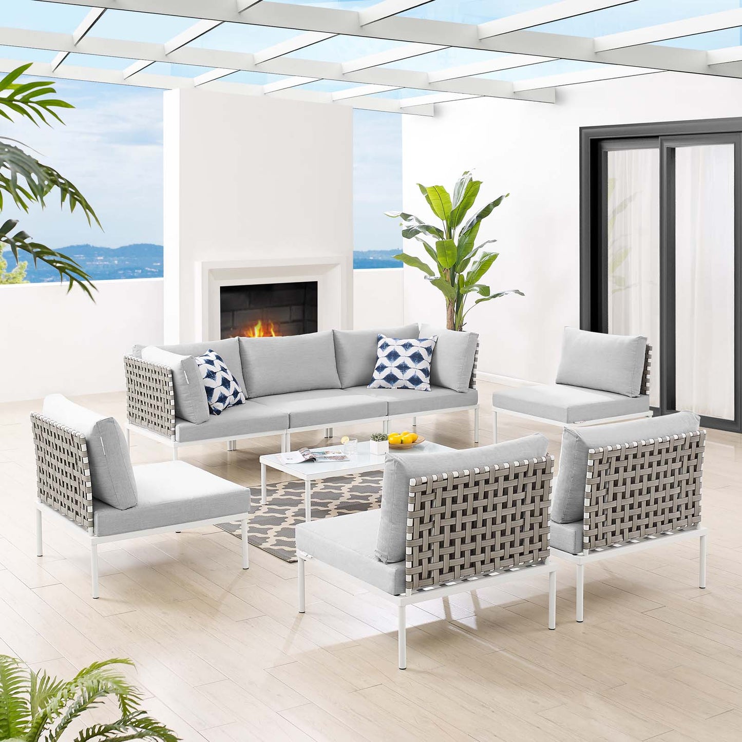 Harmony 8-Piece Sunbrella® Basket Weave Outdoor Patio Aluminum Sectional Sofa Set, Aluminum, Metal, Steel, Grey Gray, 20757