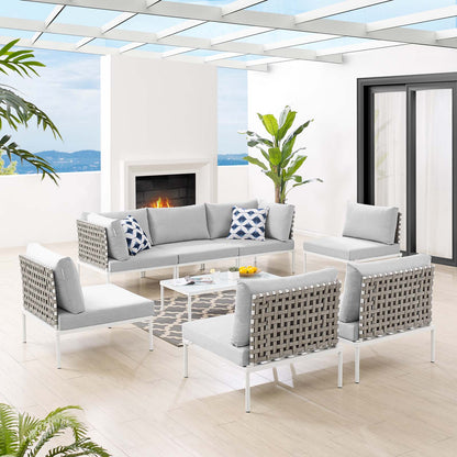 Harmony 8-Piece Sunbrella® Basket Weave Outdoor Patio Aluminum Sectional Sofa Set, Aluminum, Metal, Steel, Grey Gray, 20757
