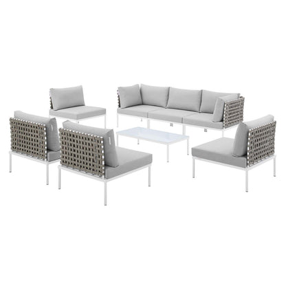 Harmony 8-Piece Sunbrella® Basket Weave Outdoor Patio Aluminum Sectional Sofa Set, Aluminum, Metal, Steel, Grey Gray, 20757