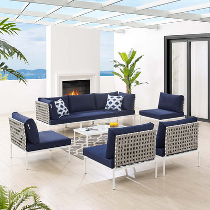 Harmony 8-Piece Sunbrella® Basket Weave Outdoor Patio Aluminum Sectional Sofa Set, Aluminum, Metal, Steel, Blue Navy, 20758