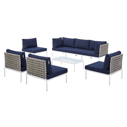 Harmony 8-Piece Sunbrella® Basket Weave Outdoor Patio Aluminum Sectional Sofa Set, Aluminum, Metal, Steel, Blue Navy, 20758