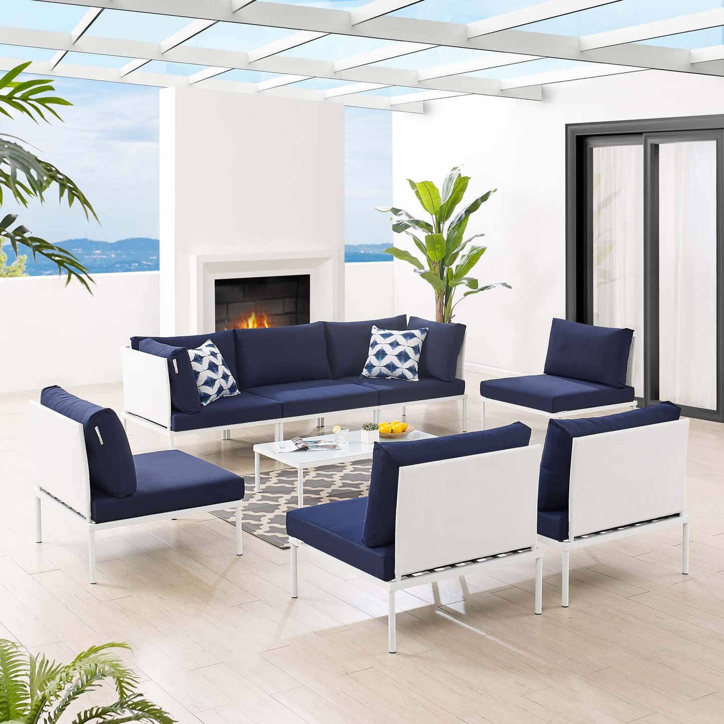 Harmony 8-Piece Sunbrella® Outdoor Patio Aluminum Sectional Sofa Set, Aluminum, Metal, Steel, White Blue Navy, 20760