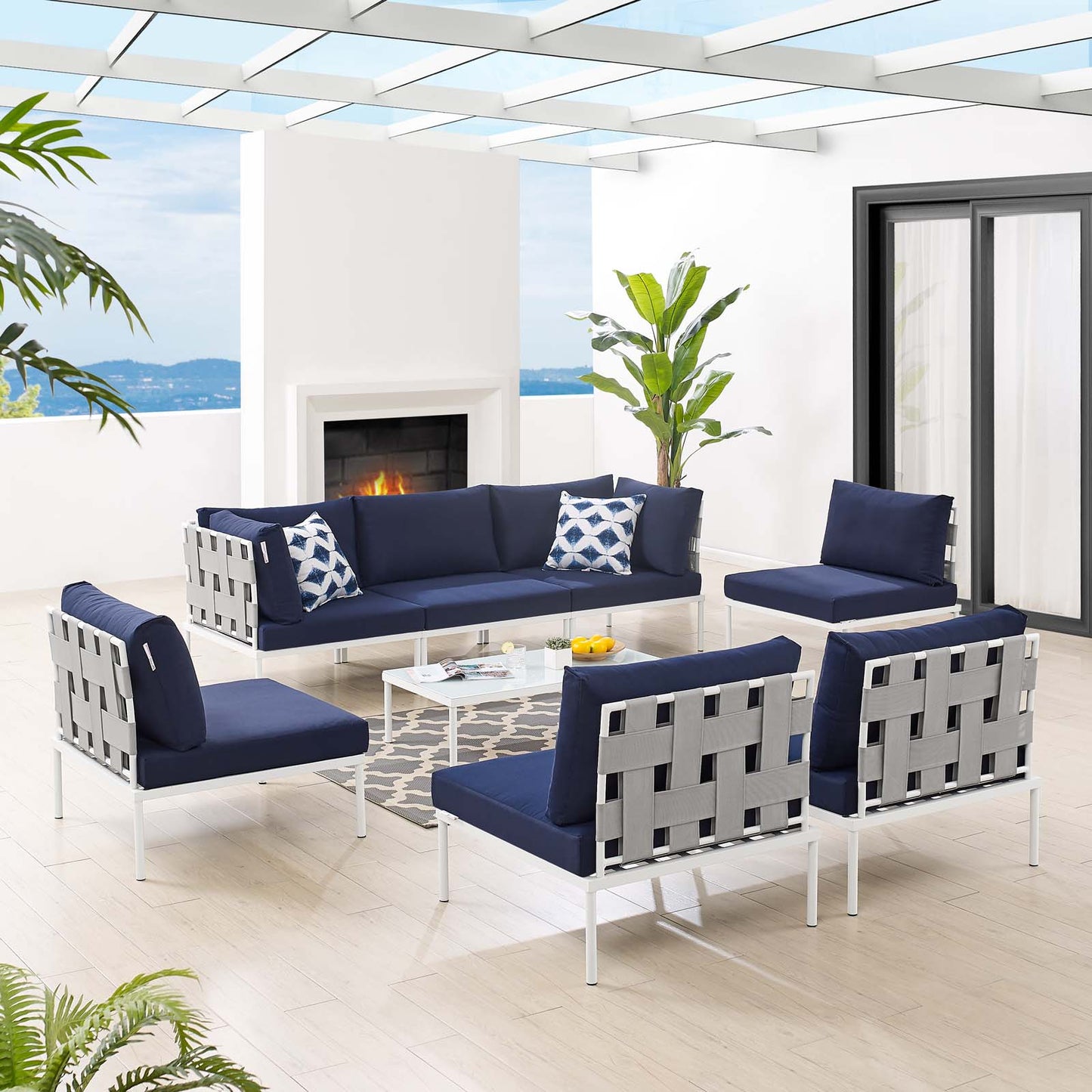 Harmony 8-Piece Sunbrella® Outdoor Patio All Mesh Sectional Sofa Set, Aluminum, Metal, Steel, Grey Gray Blue Navy, 20762