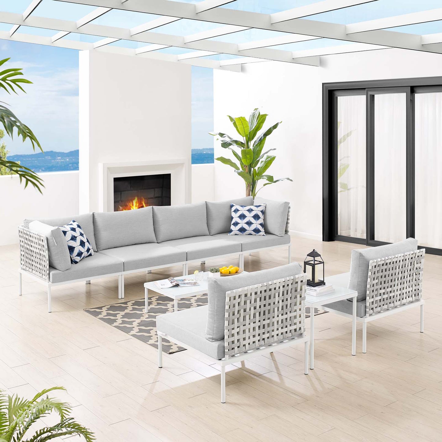 Harmony 8-Piece Sunbrella® Basket Weave Outdoor Patio Aluminum Sectional Sofa Set, Aluminum, Metal, Steel, Grey Gray, 20763