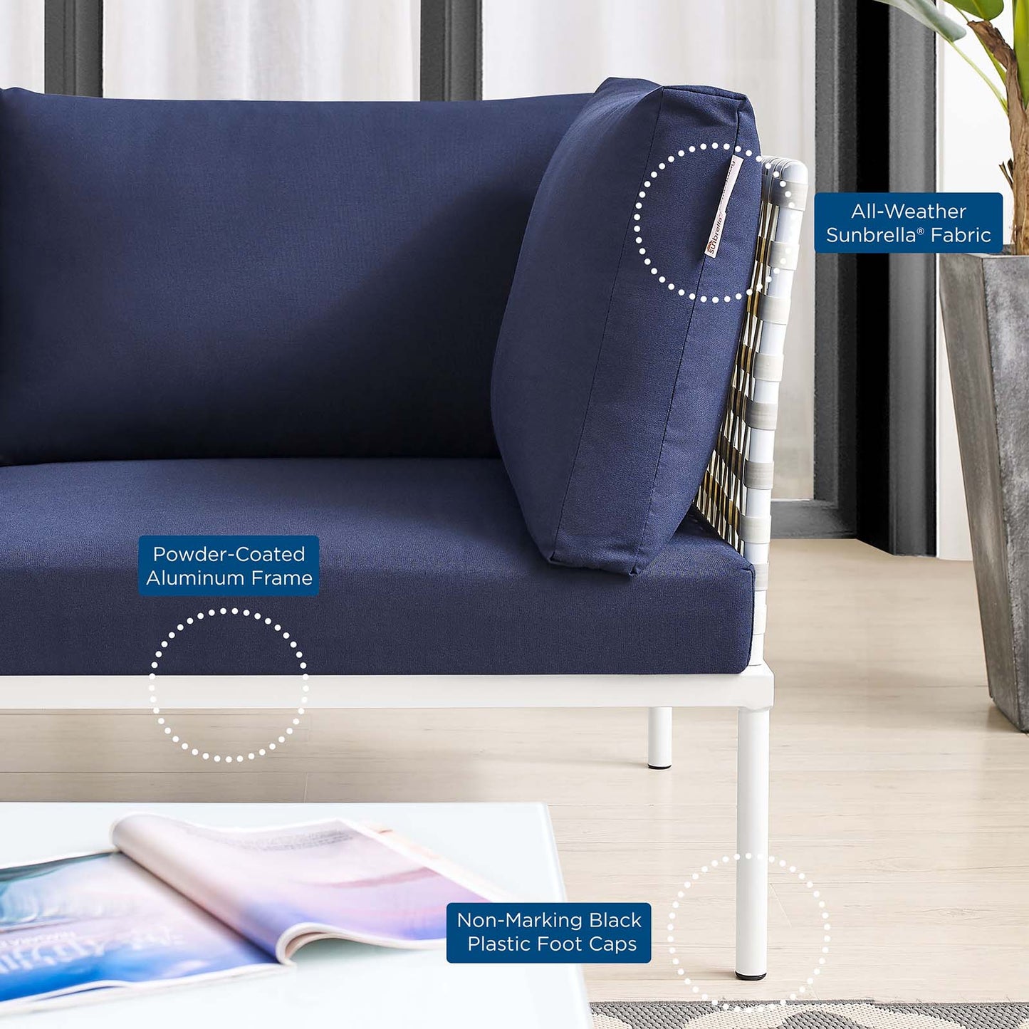 Harmony 8-Piece Sunbrella® Basket Weave Outdoor Patio Aluminum Sectional Sofa Set, Aluminum, Metal, Steel, Blue Navy, 20764