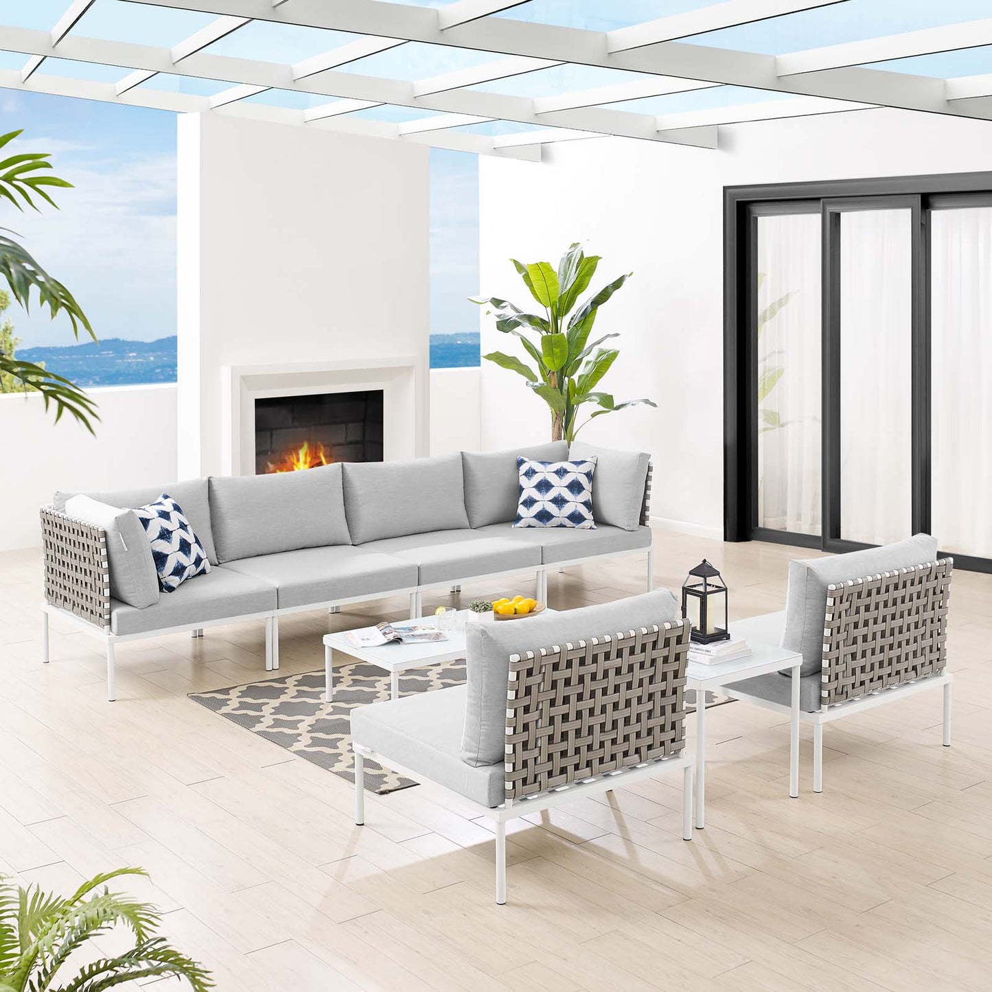 Harmony 8-Piece Sunbrella® Basket Weave Outdoor Patio Aluminum Sectional Sofa Set, Aluminum, Metal, Steel, Grey Gray, 20765