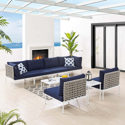 Harmony 8-Piece Sunbrella® Basket Weave Outdoor Patio Aluminum Sectional Sofa Set, Aluminum, Metal, Steel, Blue Navy, 20766