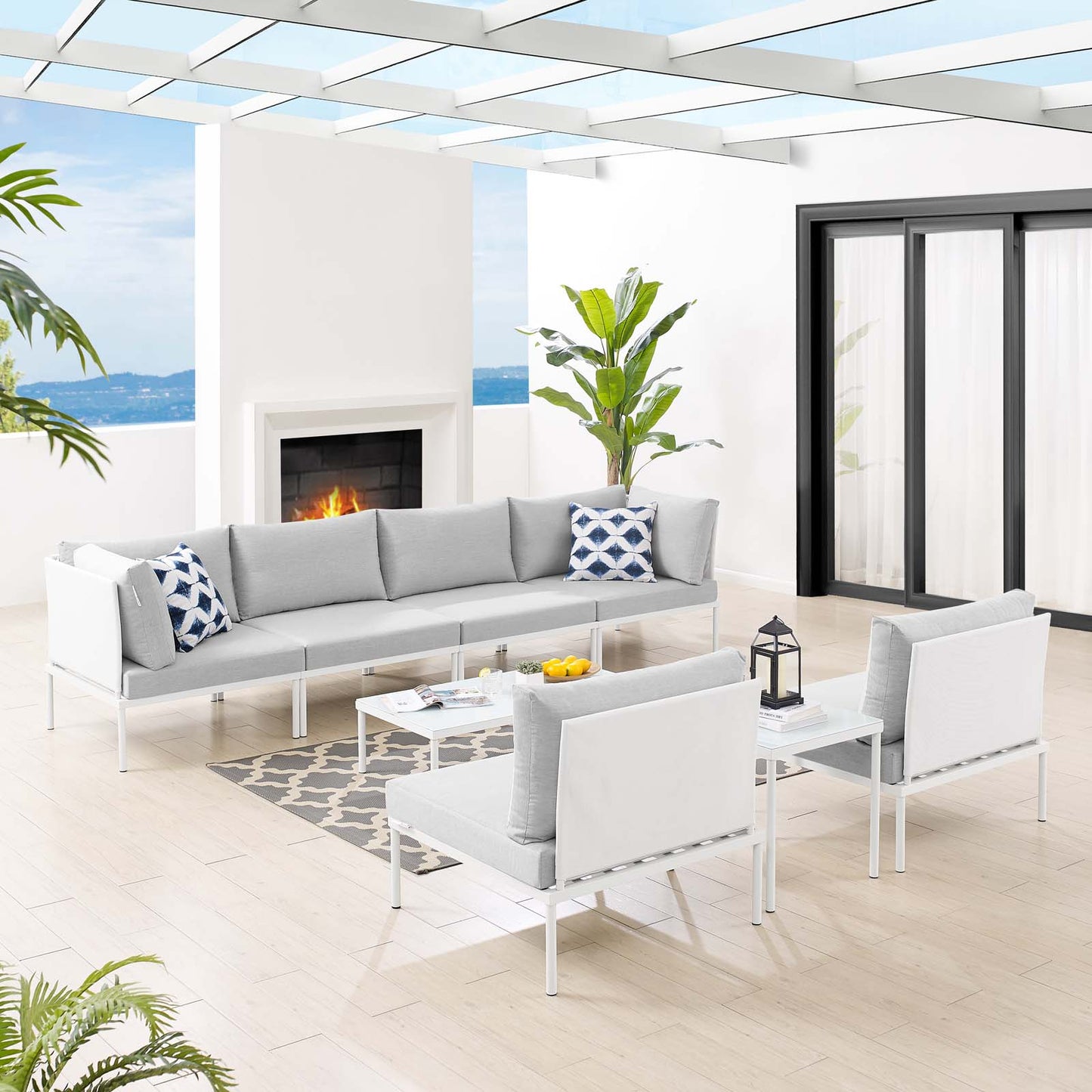 Harmony 8-Piece Sunbrella® Outdoor Patio Aluminum Sectional Sofa Set, Aluminum, Metal, Steel, White Grey Gray, 20767