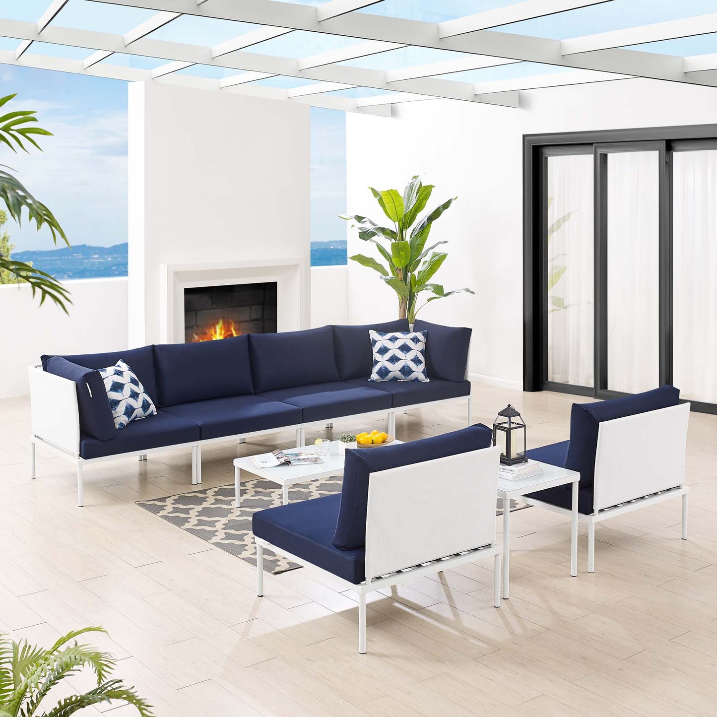 Harmony 8-Piece Sunbrella® Outdoor Patio Aluminum Sectional Sofa Set, Aluminum, Metal, Steel, White Blue Navy, 20768
