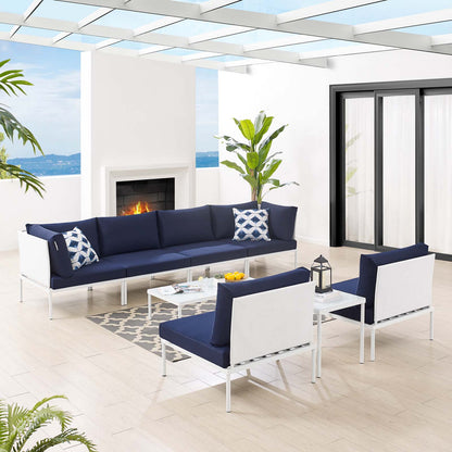 Harmony 8-Piece Sunbrella® Outdoor Patio Aluminum Sectional Sofa Set, Aluminum, Metal, Steel, White Blue Navy, 20768