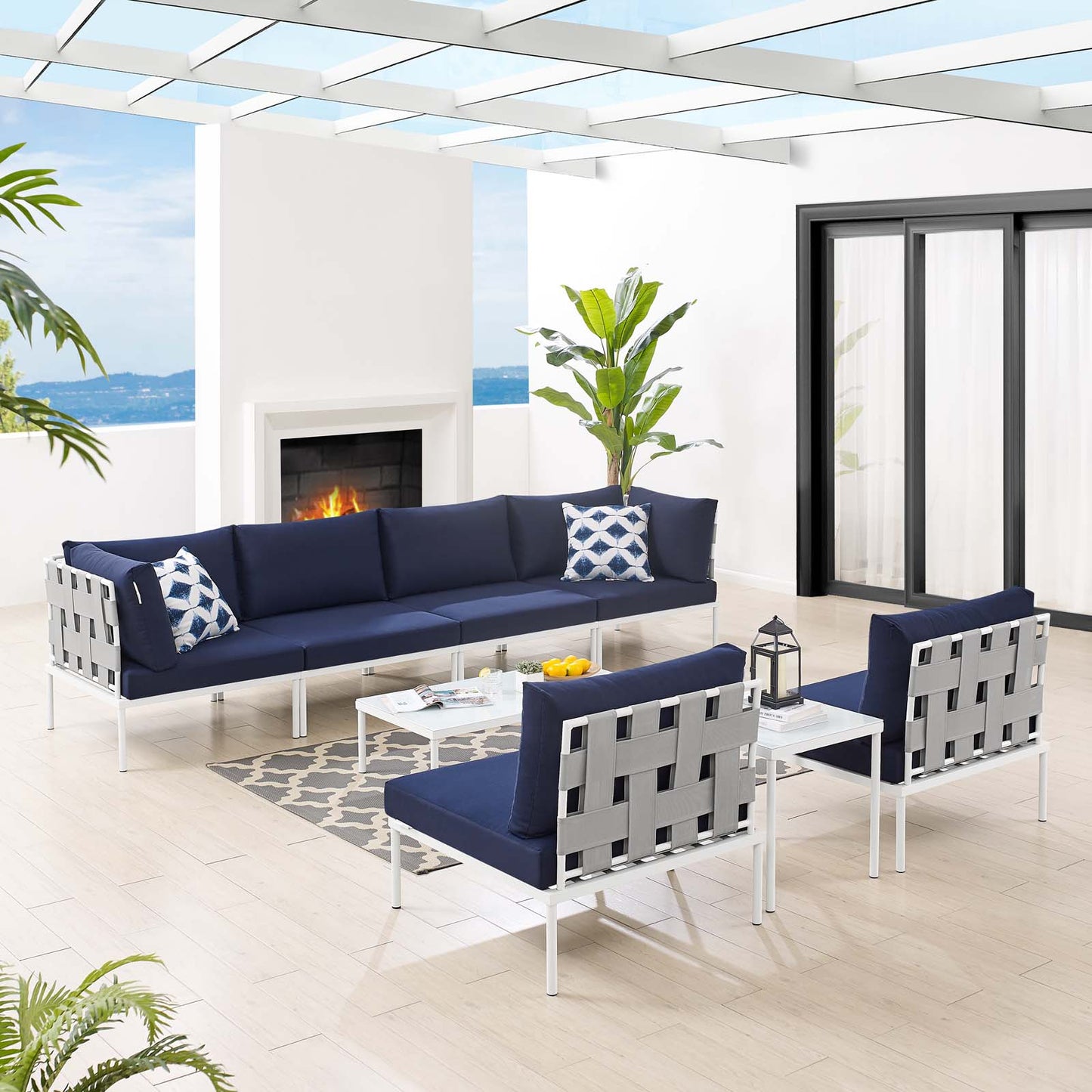 Harmony 8-Piece Sunbrella® Outdoor Patio Aluminum Sectional Sofa Set, Aluminum, Metal, Steel, Grey Gray Blue Navy, 20770
