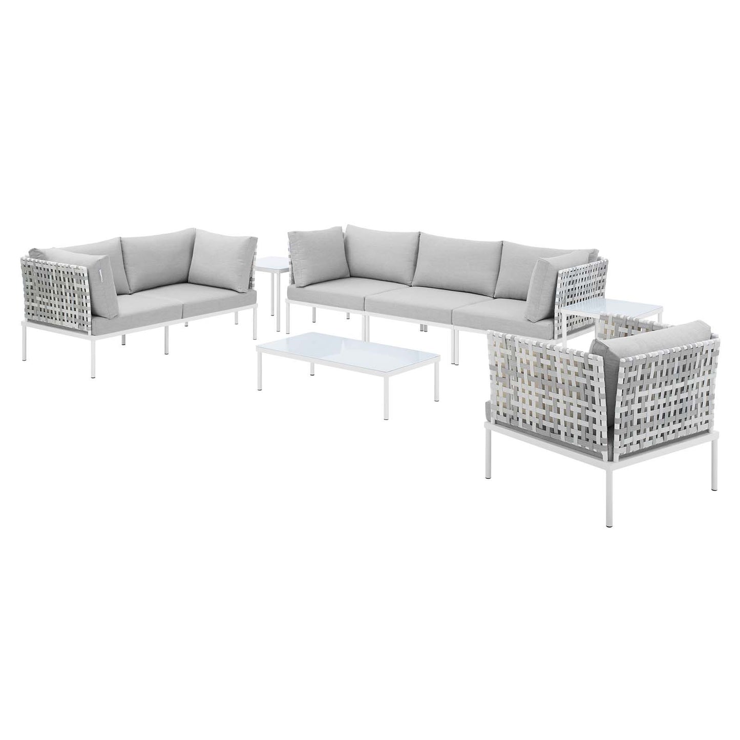 Harmony 8-Piece Sunbrella® Basket Weave Outdoor Patio Aluminum Seating Set, Aluminum, Metal, Steel, Grey Gray, 20771