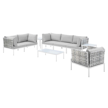 Harmony 8-Piece Sunbrella® Basket Weave Outdoor Patio Aluminum Seating Set, Aluminum, Metal, Steel, Grey Gray, 20771
