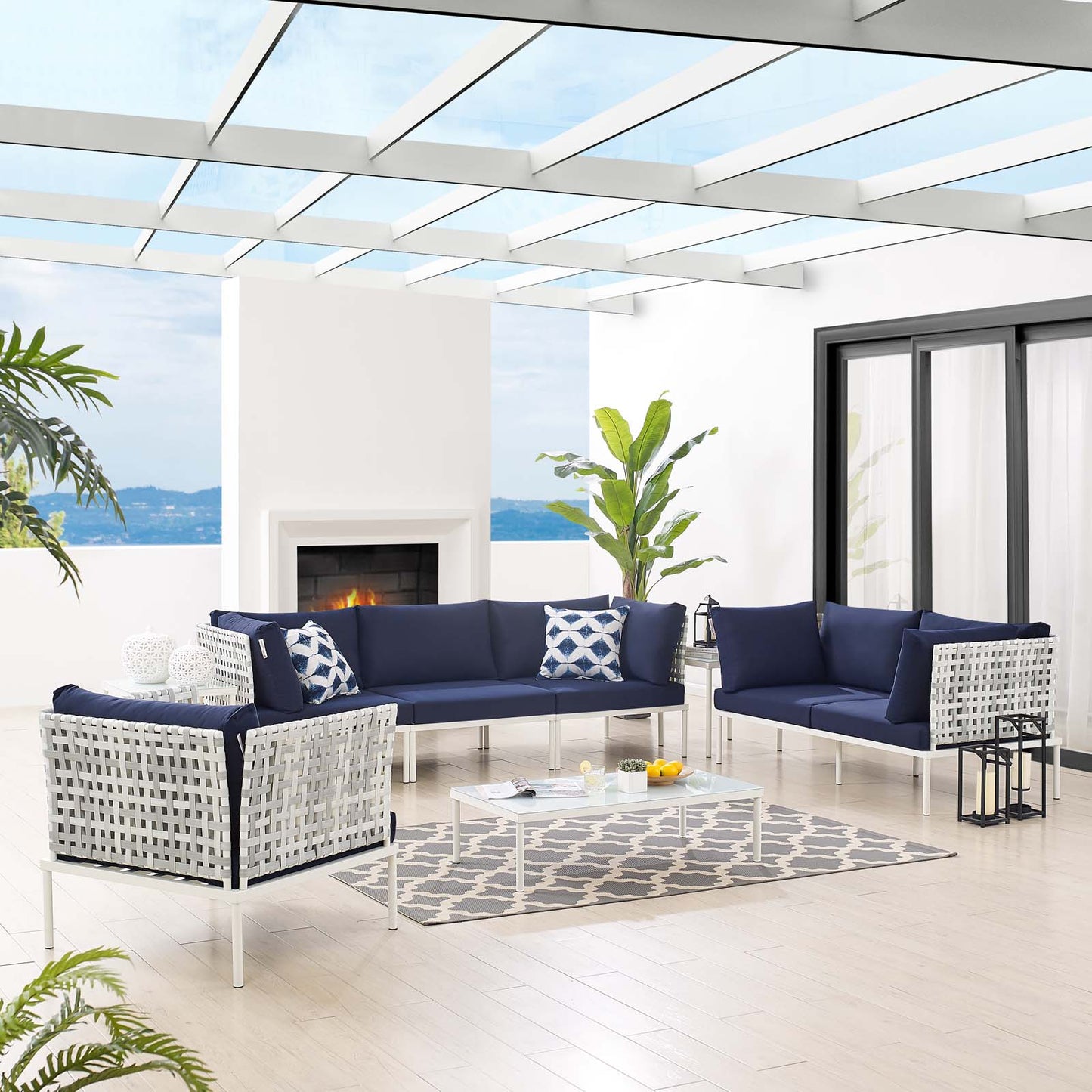 Harmony 8-Piece Sunbrella® Basket Weave Outdoor Patio Aluminum Seating Set, Aluminum, Metal, Steel, Blue Navy, 20772