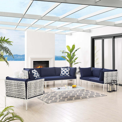 Harmony 8-Piece Sunbrella® Basket Weave Outdoor Patio Aluminum Seating Set, Aluminum, Metal, Steel, Blue Navy, 20772