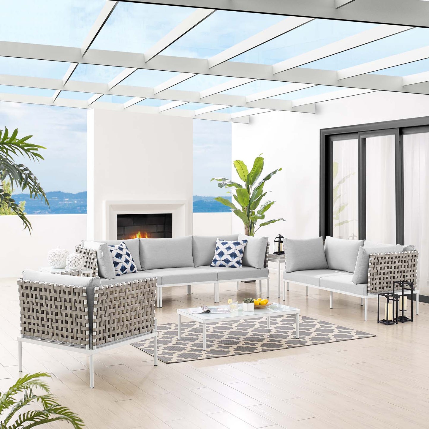 Harmony 8-Piece Sunbrella® Basket Weave Outdoor Patio Aluminum Seating Set, Aluminum, Metal, Steel, Grey Gray, 20773