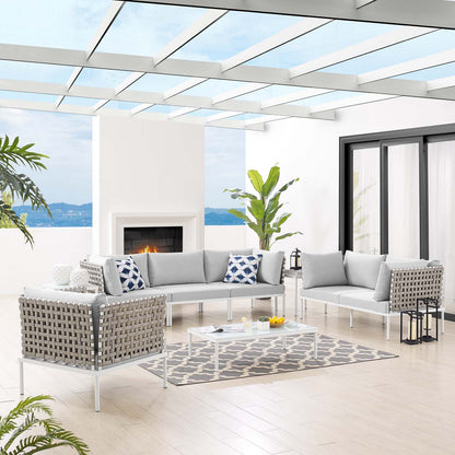 Harmony 8-Piece Sunbrella® Basket Weave Outdoor Patio Aluminum Seating Set, Aluminum, Metal, Steel, Grey Gray, 20773