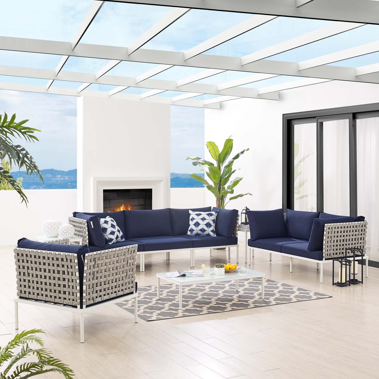 Harmony 8-Piece Sunbrella® Basket Weave Outdoor Patio Aluminum Seating Set, Aluminum, Metal, Steel, Blue Navy, 20774