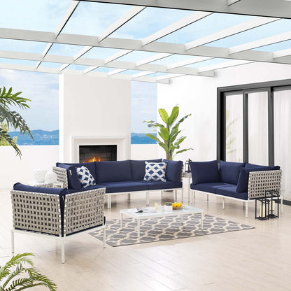 Harmony 8-Piece Sunbrella® Basket Weave Outdoor Patio Aluminum Seating Set, Aluminum, Metal, Steel, Blue Navy, 20774