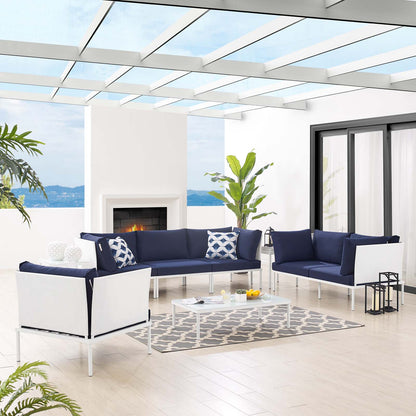 Harmony 8-Piece Sunbrella® Outdoor Patio Aluminum Seating Set, Aluminum, Metal, Steel, White Blue Navy, 20776