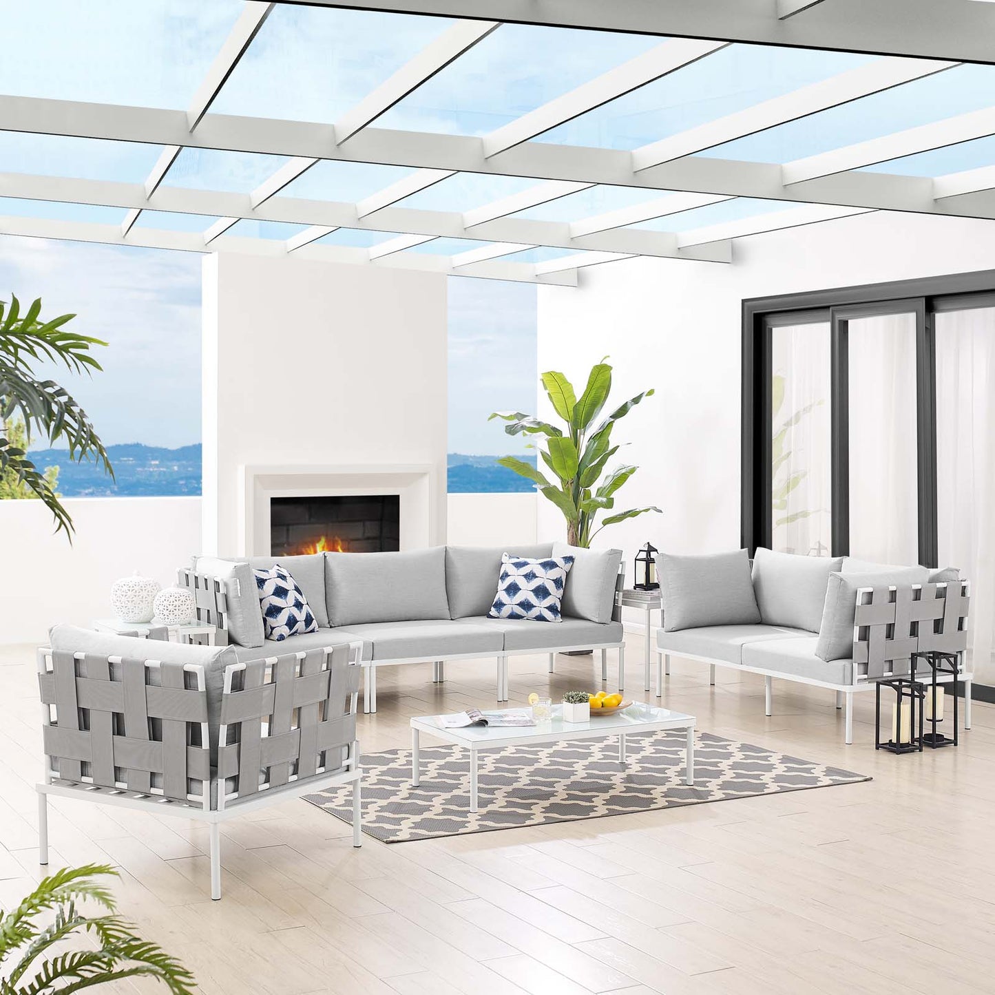 Harmony 8-Piece Sunbrella® Outdoor Patio Aluminum Seating Set, Aluminum, Metal, Steel, Grey Gray, 20777