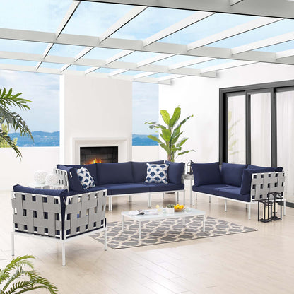 Harmony 8-Piece Sunbrella® Outdoor Patio Aluminum Seating Set, Aluminum, Metal, Steel, Grey Gray Blue Navy, 20778