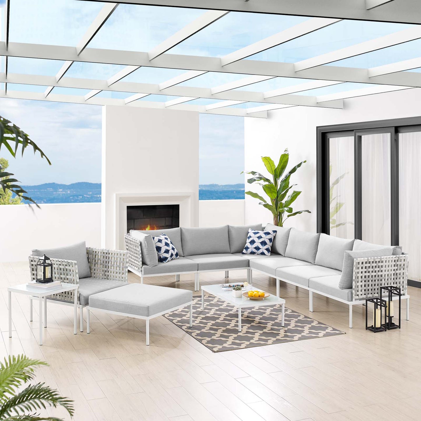 Harmony 10-Piece Sunbrella® Basket Weave Outdoor Patio Aluminum Sectional Sofa Set, Aluminum, Metal, Steel, Grey Gray, 20779