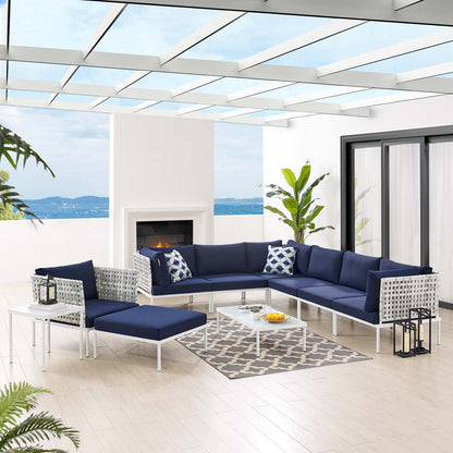 Harmony 10-Piece Sunbrella® Basket Weave Outdoor Patio Aluminum Sectional Sofa Set, Aluminum, Metal, Steel, Blue Navy, 20780
