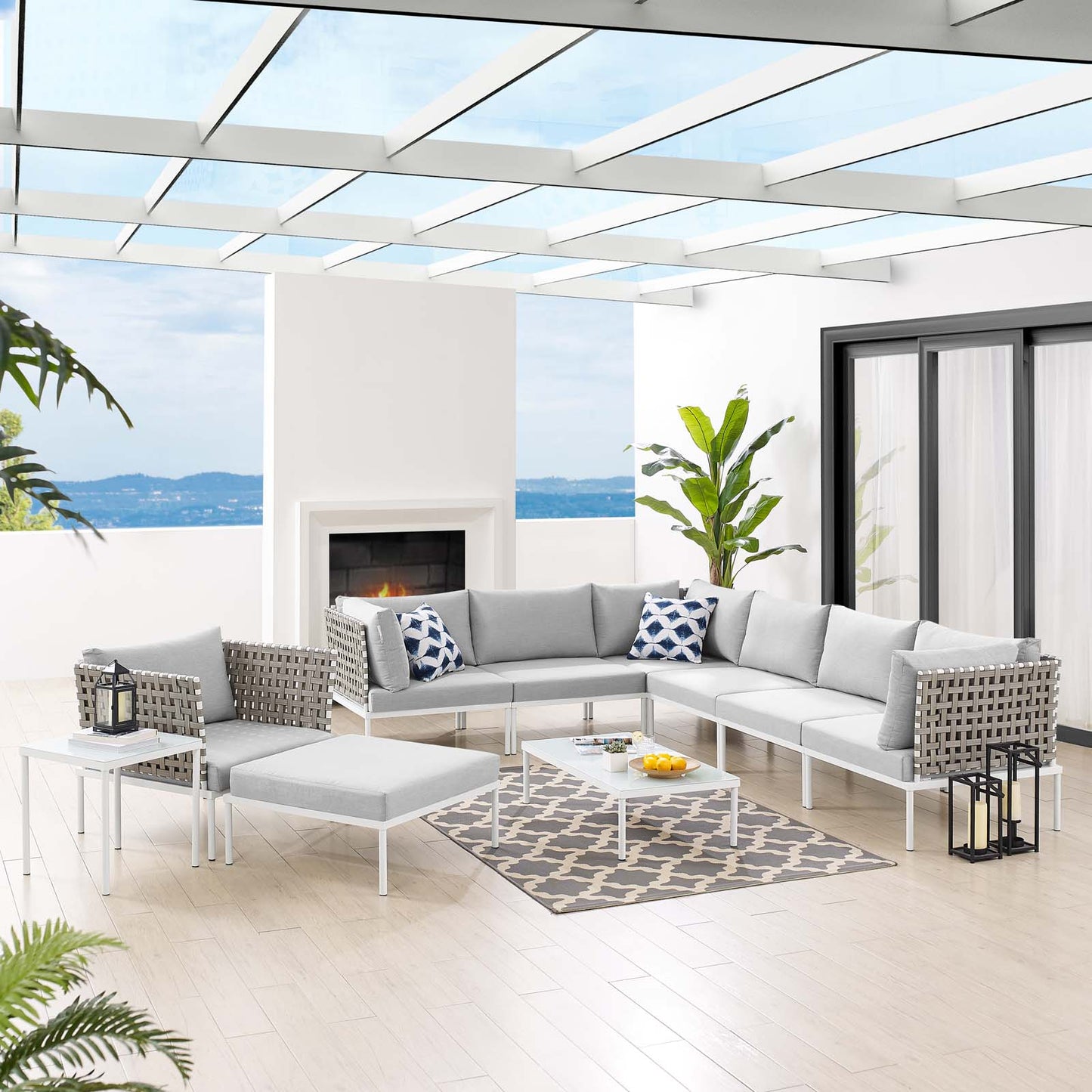 Harmony 10-Piece Sunbrella® Basket Weave Outdoor Patio Aluminum Sectional Sofa Set, Aluminum, Metal, Steel, Grey Gray, 20781