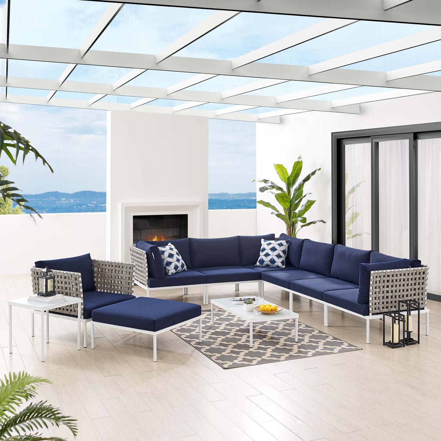 Harmony 10-Piece Sunbrella® Basket Weave Outdoor Patio Aluminum Sectional Sofa Set, Aluminum, Metal, Steel, Blue Navy, 20782