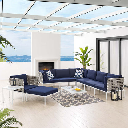 Harmony 10-Piece Sunbrella® Basket Weave Outdoor Patio Aluminum Sectional Sofa Set, Aluminum, Metal, Steel, Blue Navy, 20782