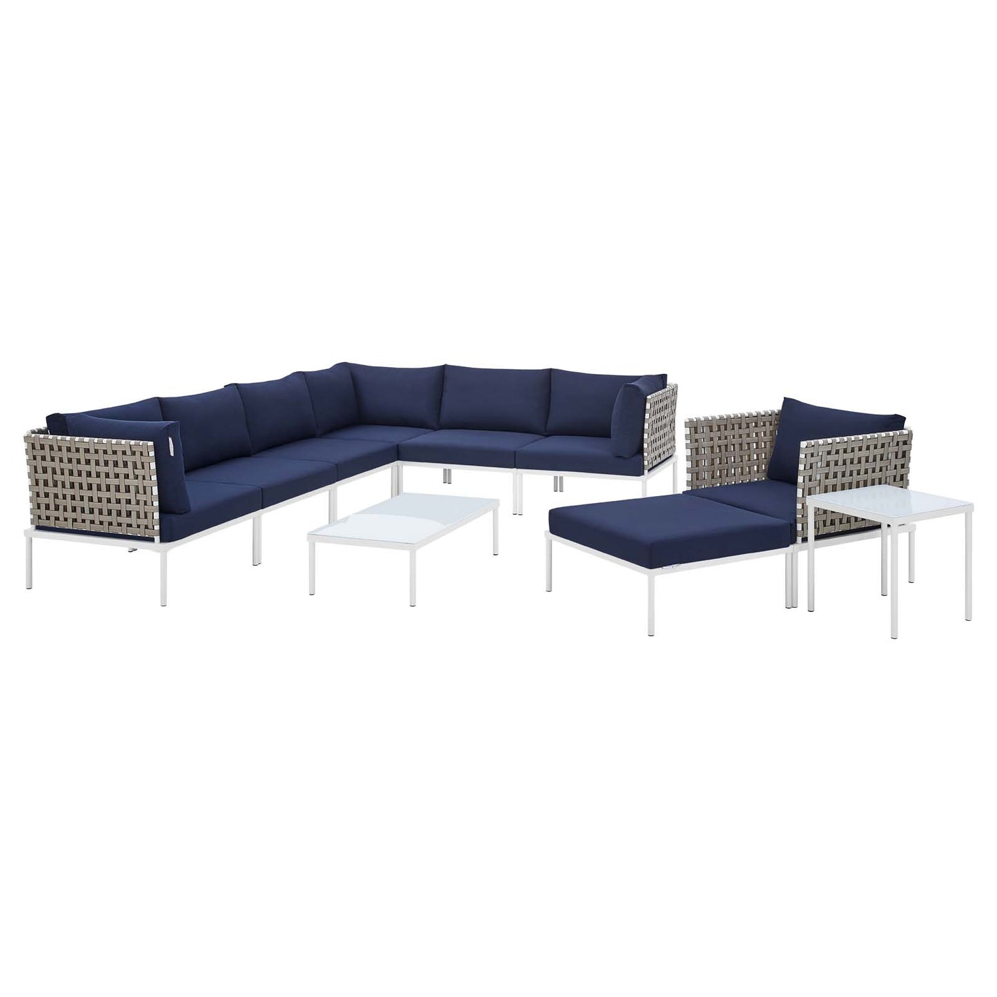 Harmony 10-Piece Sunbrella® Basket Weave Outdoor Patio Aluminum Sectional Sofa Set, Aluminum, Metal, Steel, Blue Navy, 20782