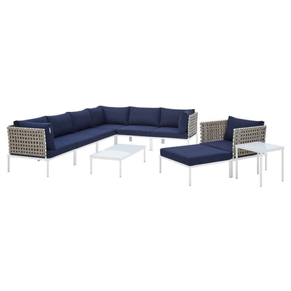Harmony 10-Piece Sunbrella® Basket Weave Outdoor Patio Aluminum Sectional Sofa Set, Aluminum, Metal, Steel, Blue Navy, 20782