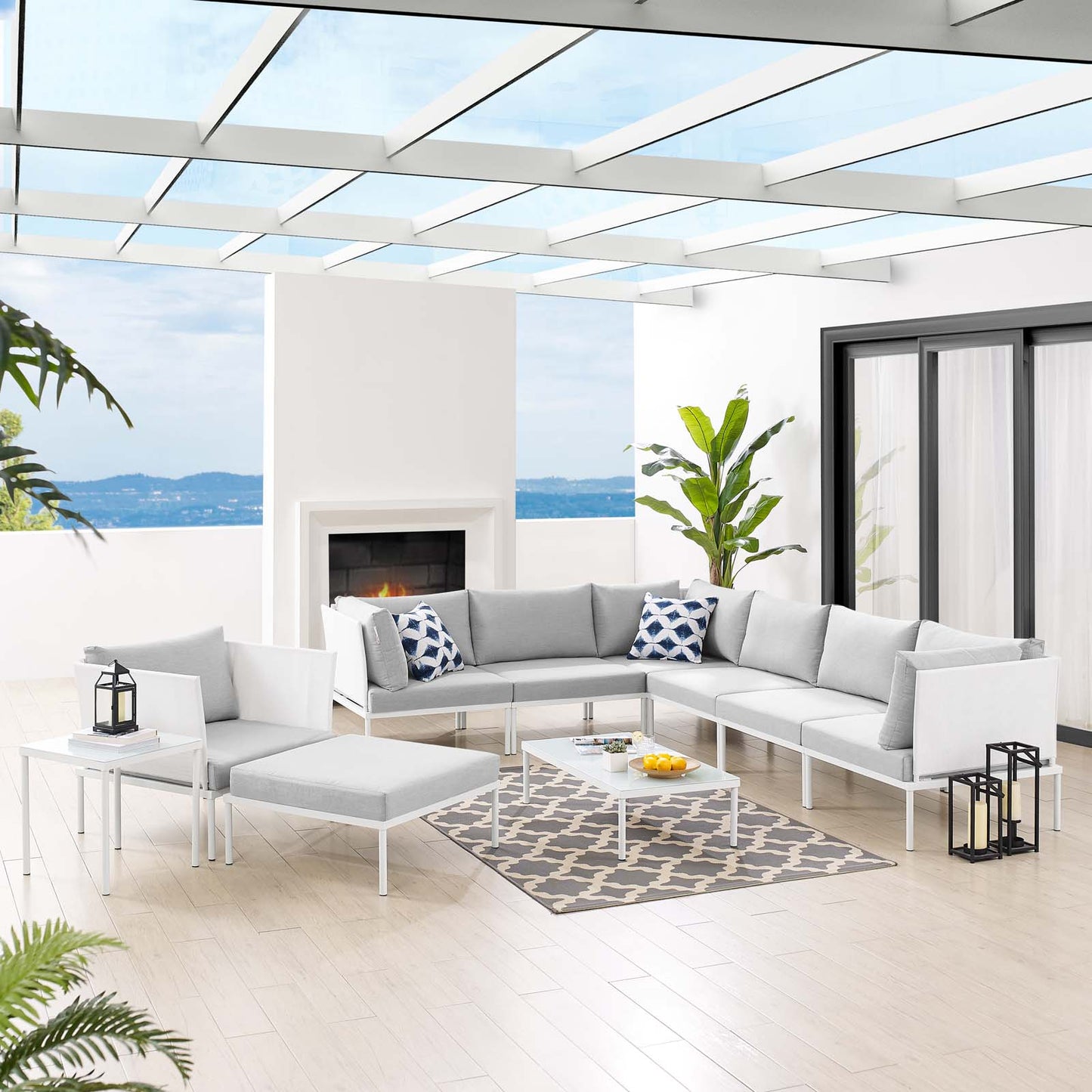 Harmony 10-Piece Sunbrella® Outdoor Patio Aluminum Sectional Sofa Set, Aluminum, Metal, Steel, White Grey Gray, 20783