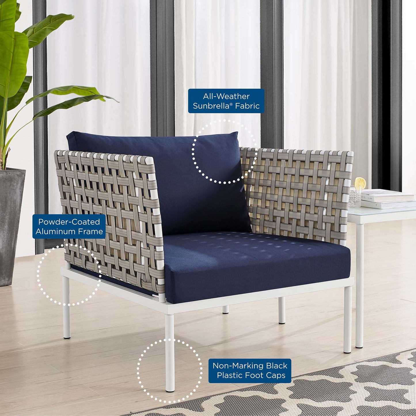 Harmony Sunbrella® Basket Weave Outdoor Patio Aluminum Armchair, Aluminum, Metal, Steel, Blue Navy, 20788
