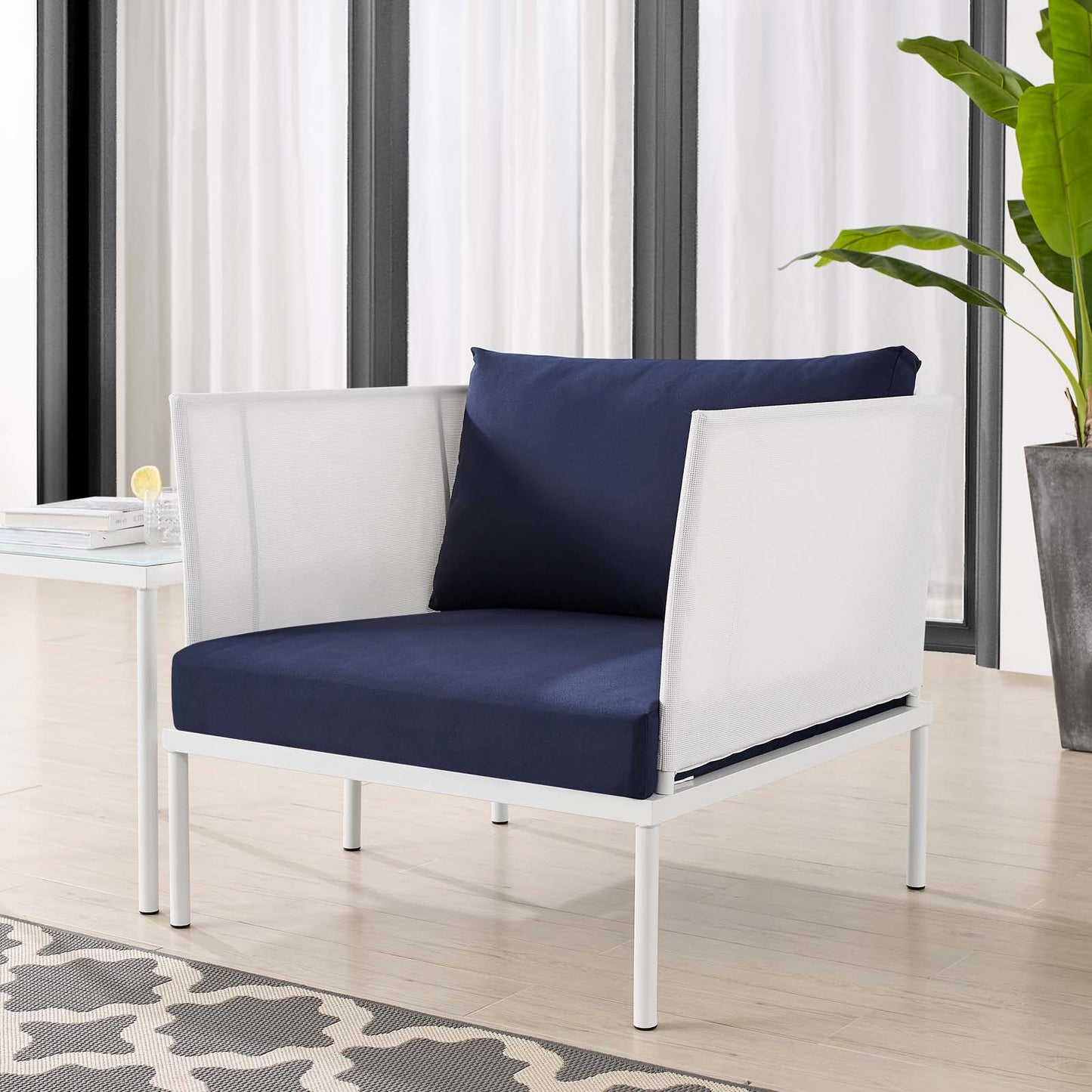Harmony Sunbrella® Outdoor Patio Aluminum Armchair, Aluminum, Metal, Steel, White Blue Navy, 20790