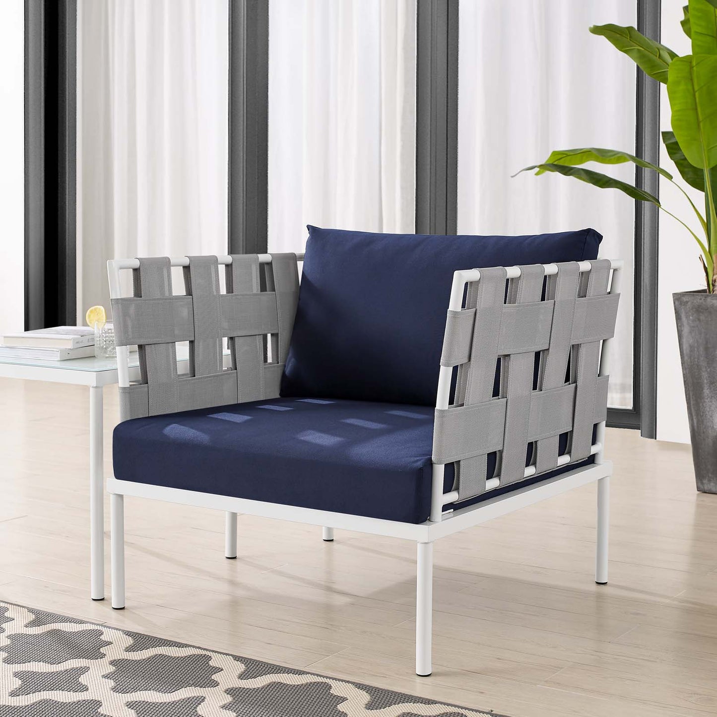 Harmony Sunbrella® Outdoor Patio Aluminum Armchair, Aluminum, Metal, Steel, Grey Gray Blue Navy, 20792