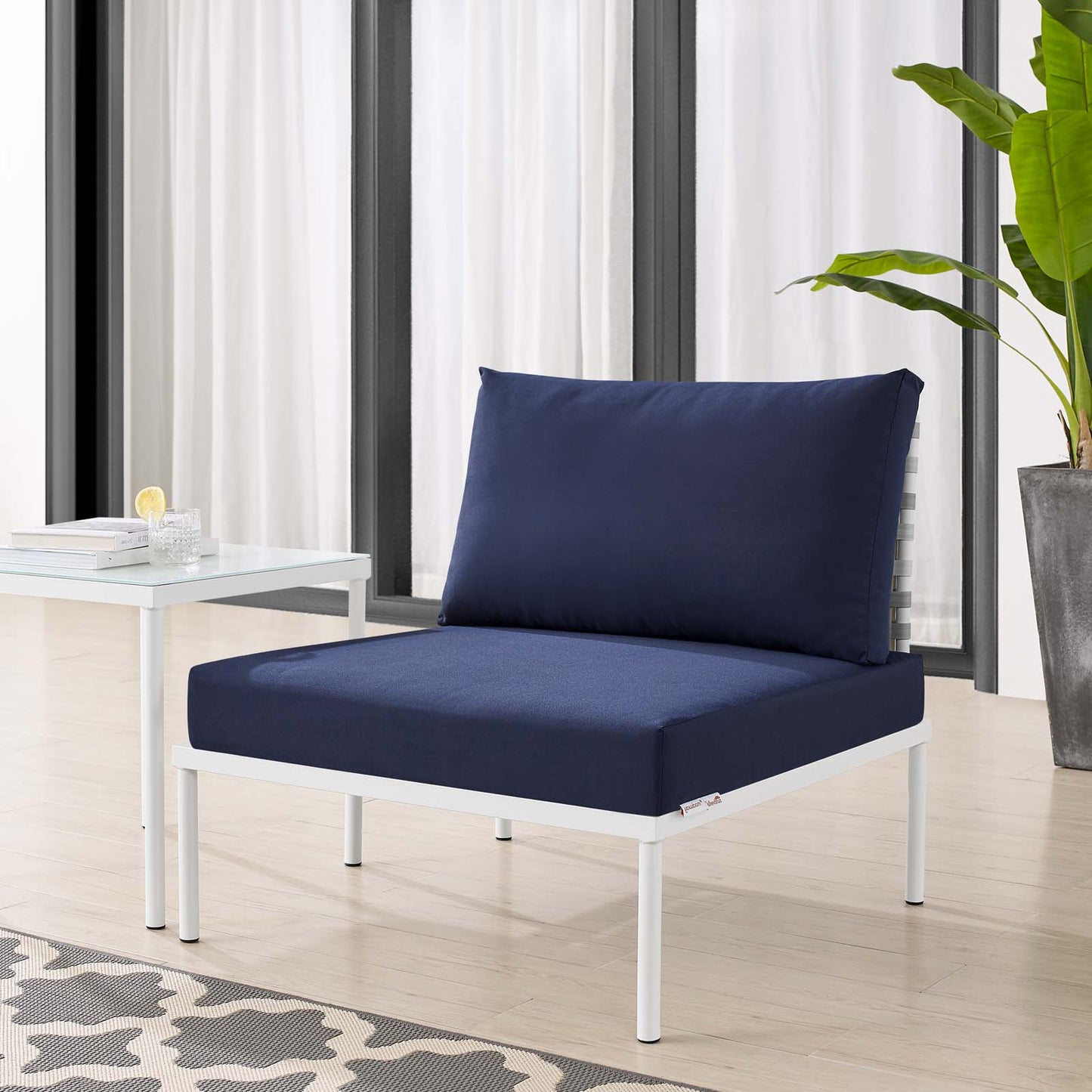 Harmony Sunbrella® Basket Weave Outdoor Patio Aluminum Armless Chair, Aluminum, Metal, Steel, Blue Navy, 20794