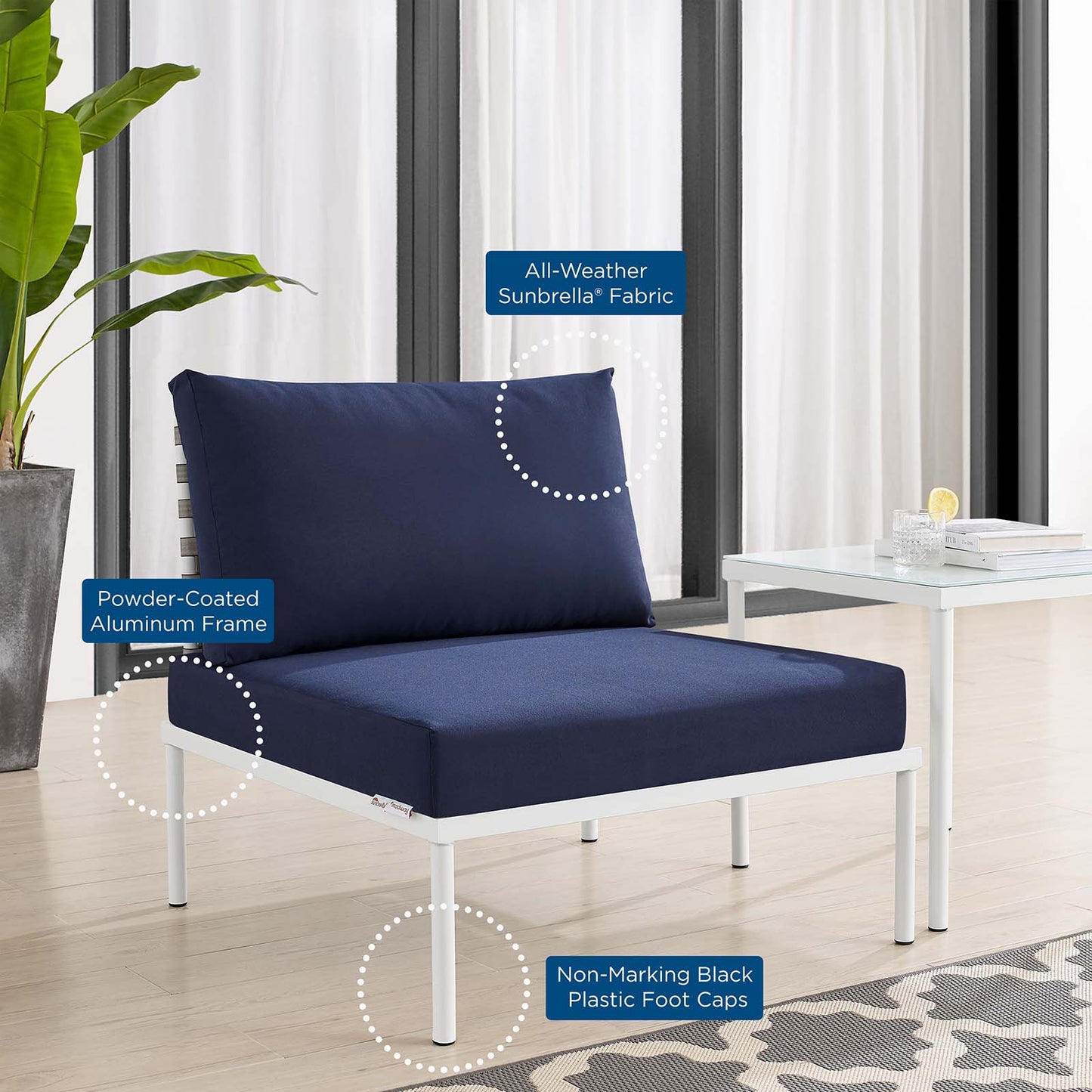Harmony Sunbrella® Basket Weave Outdoor Patio Aluminum Armless Chair, Aluminum, Metal, Steel, Blue Navy, 20796