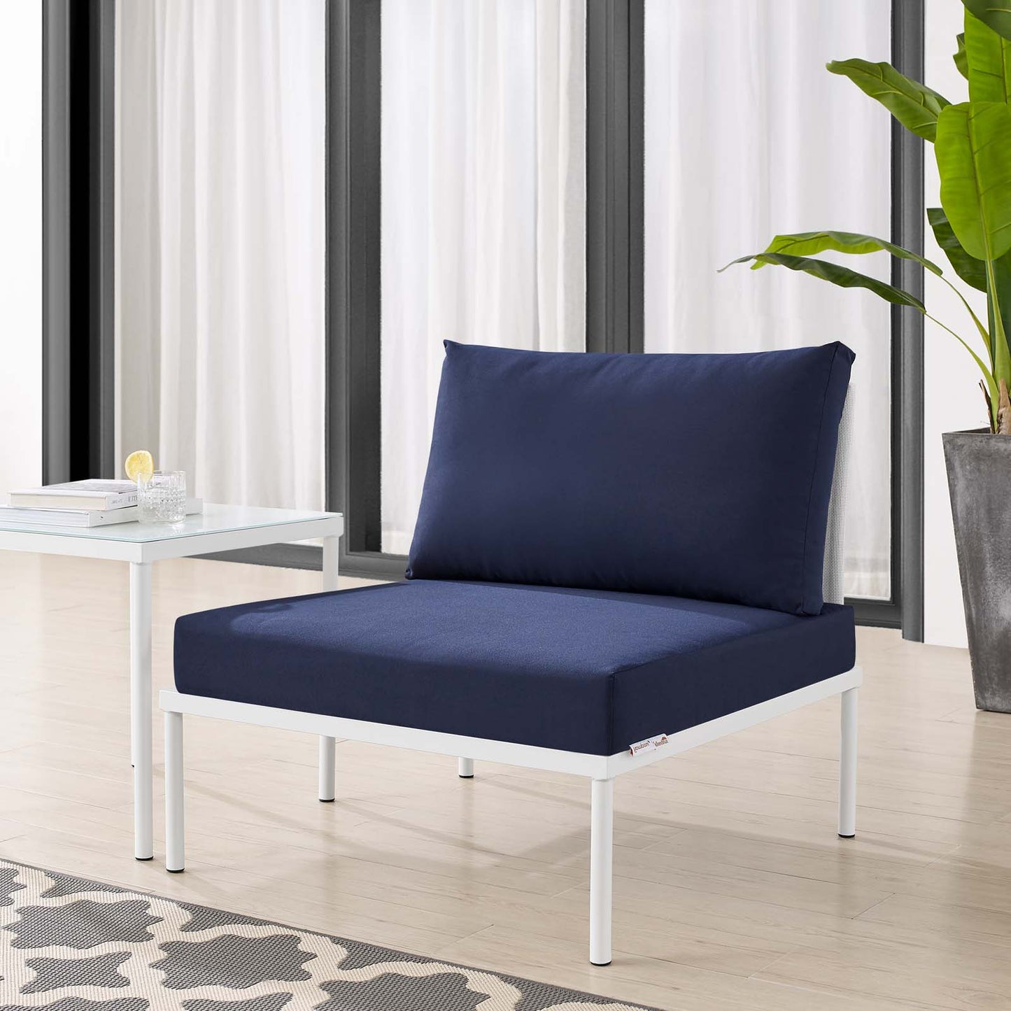 Harmony Sunbrella® Outdoor Patio Aluminum Armless Chair, Aluminum, Metal, Steel, White Blue Navy, 20798