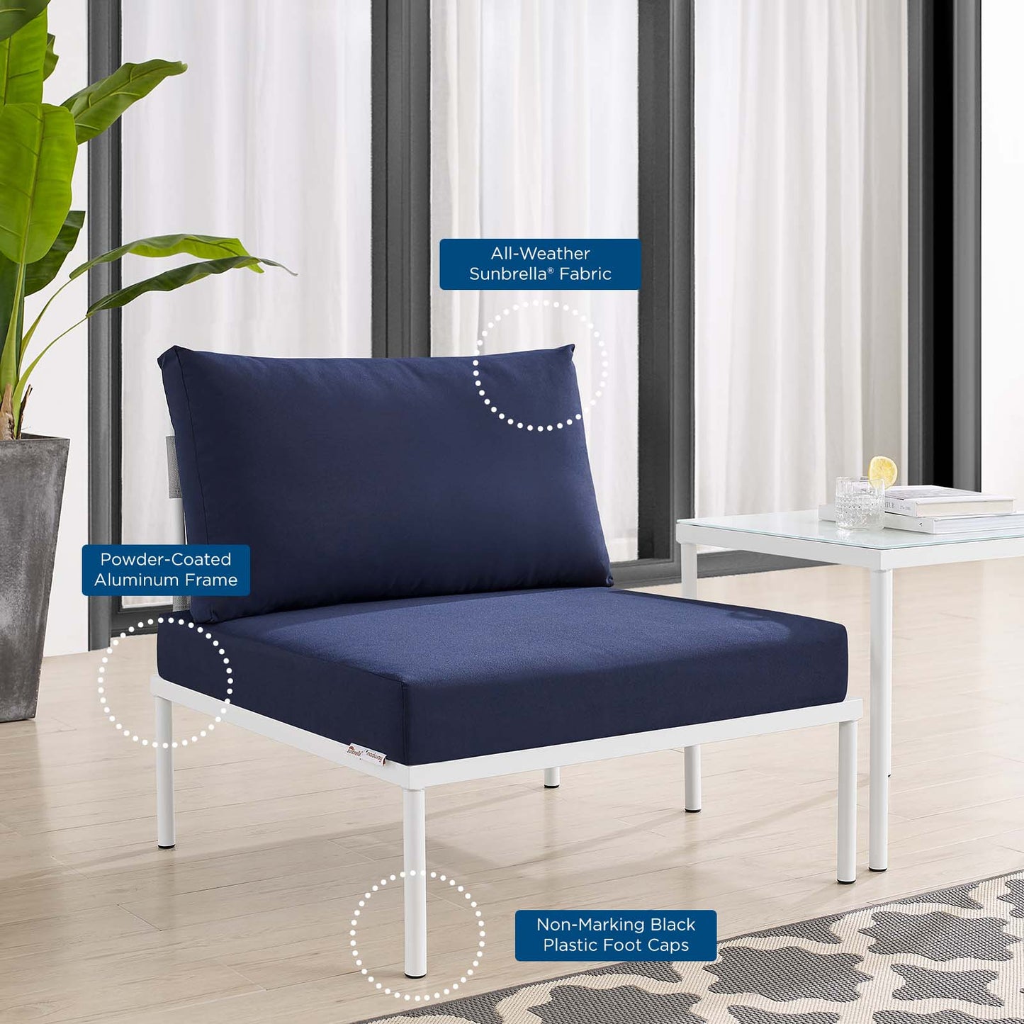 Harmony Sunbrella® Outdoor Patio Aluminum Armless Chair, Aluminum, Metal, Steel, Grey Gray Blue Navy, 20800