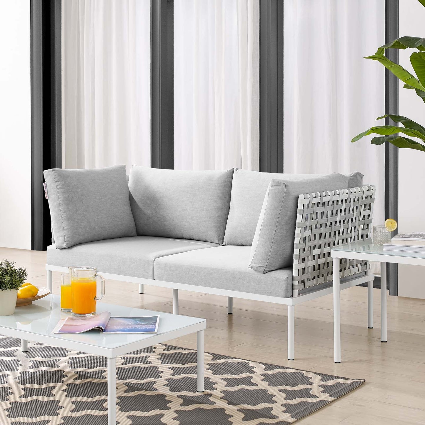 Harmony Sunbrella® Basket Weave Outdoor Patio Aluminum Loveseat, Aluminum, Metal, Steel, Grey Gray, 20801