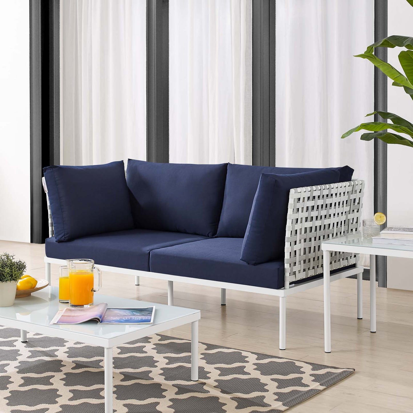 Harmony Sunbrella® Basket Weave Outdoor Patio Aluminum Loveseat, Aluminum, Metal, Steel, Blue Navy, 20802