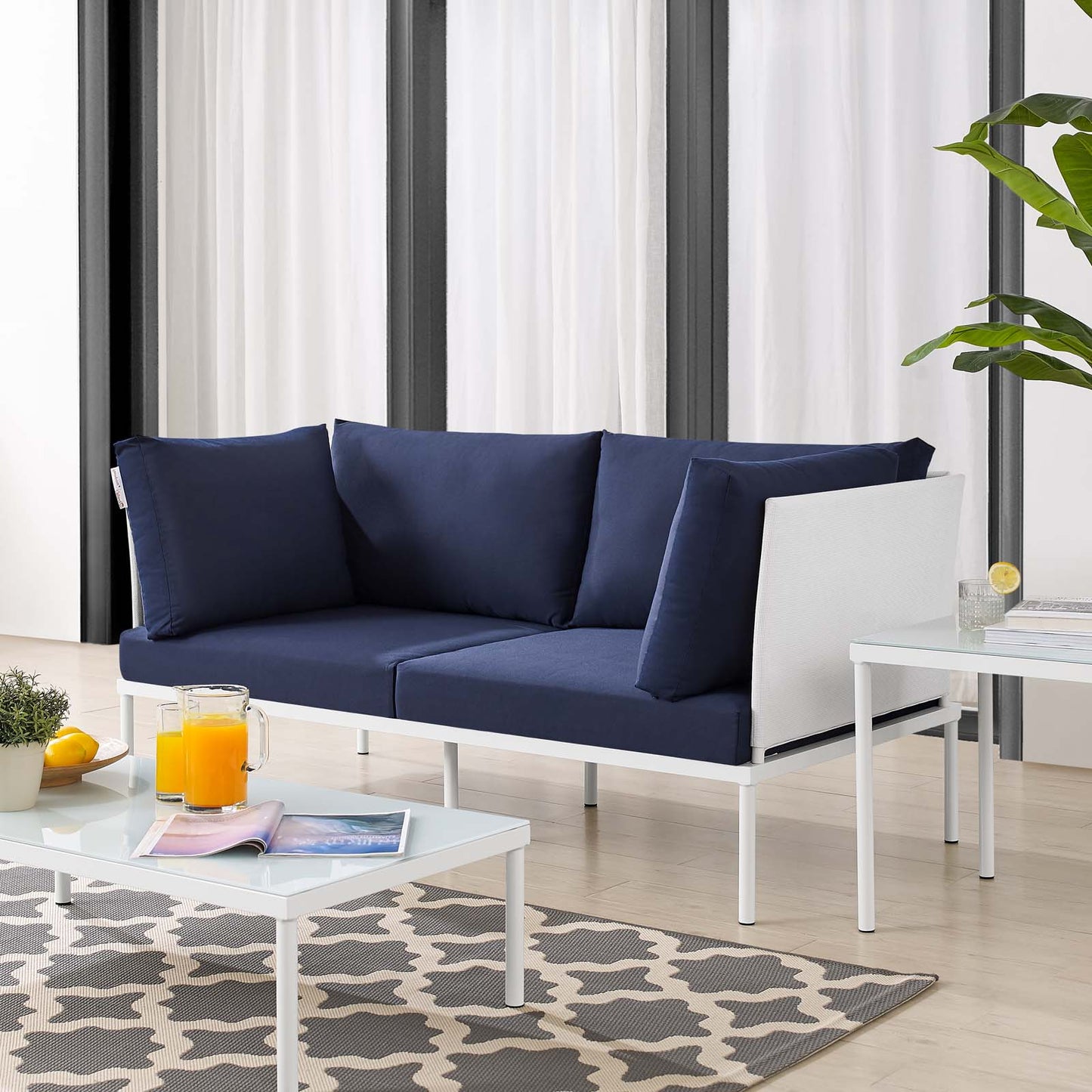 Harmony Sunbrella® Outdoor Patio Aluminum Loveseat, Aluminum, Metal, Steel, White Blue Navy, 20806