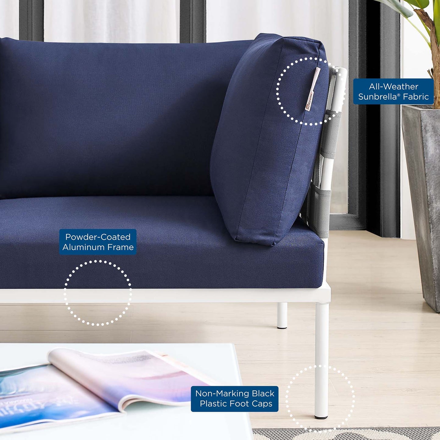 Harmony Sunbrella® Outdoor Patio Aluminum Loveseat, Aluminum, Metal, Steel, Grey Gray Blue Navy, 20808