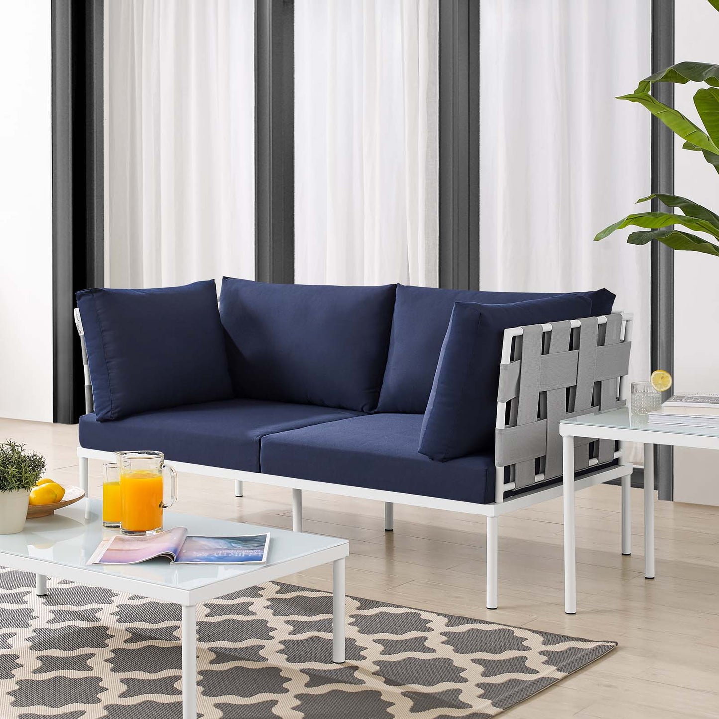 Harmony Sunbrella® Outdoor Patio Aluminum Loveseat, Aluminum, Metal, Steel, Grey Gray Blue Navy, 20808