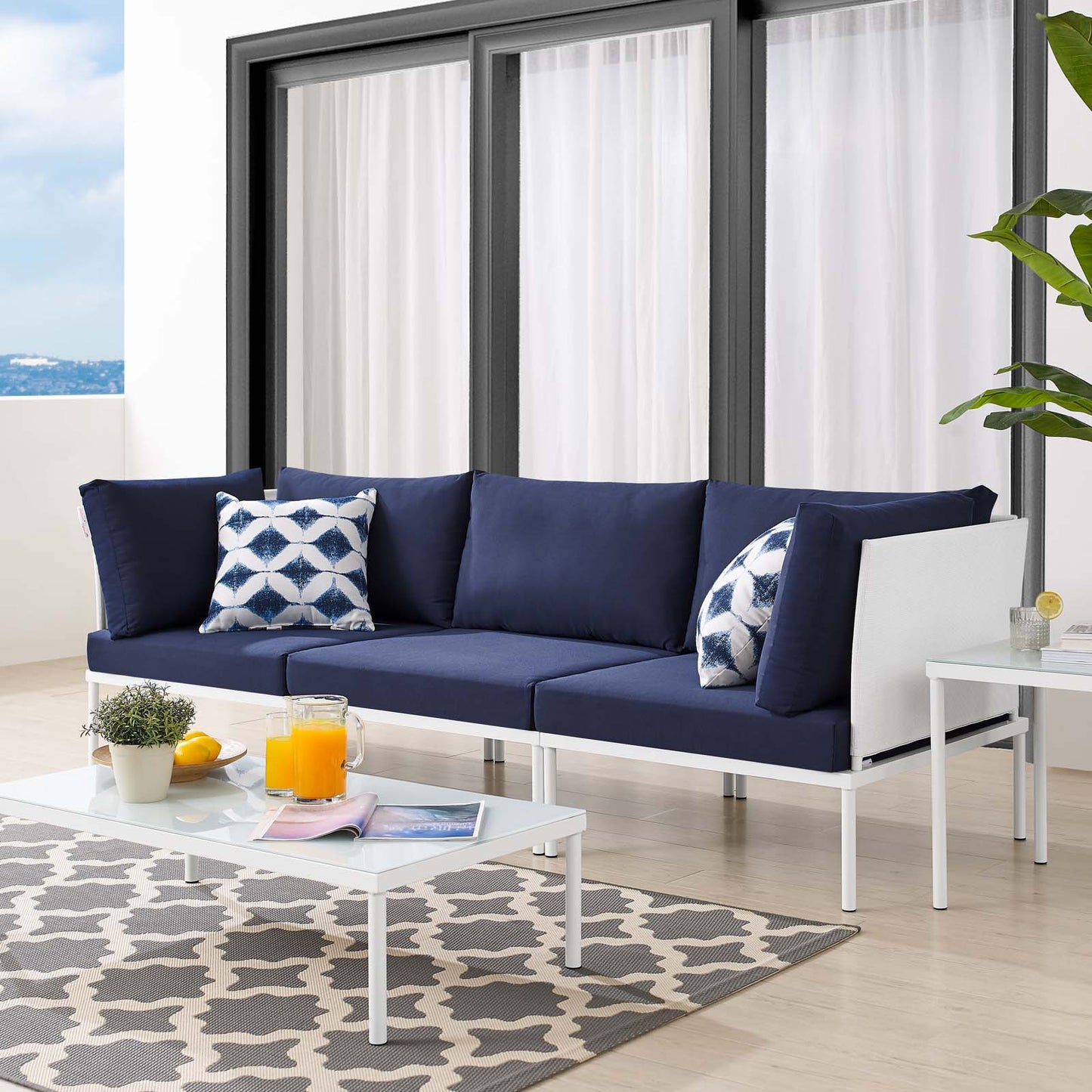 Harmony Sunbrella® Outdoor Patio Aluminum Sofa, Aluminum, Metal, Steel, White Blue Navy, 20814