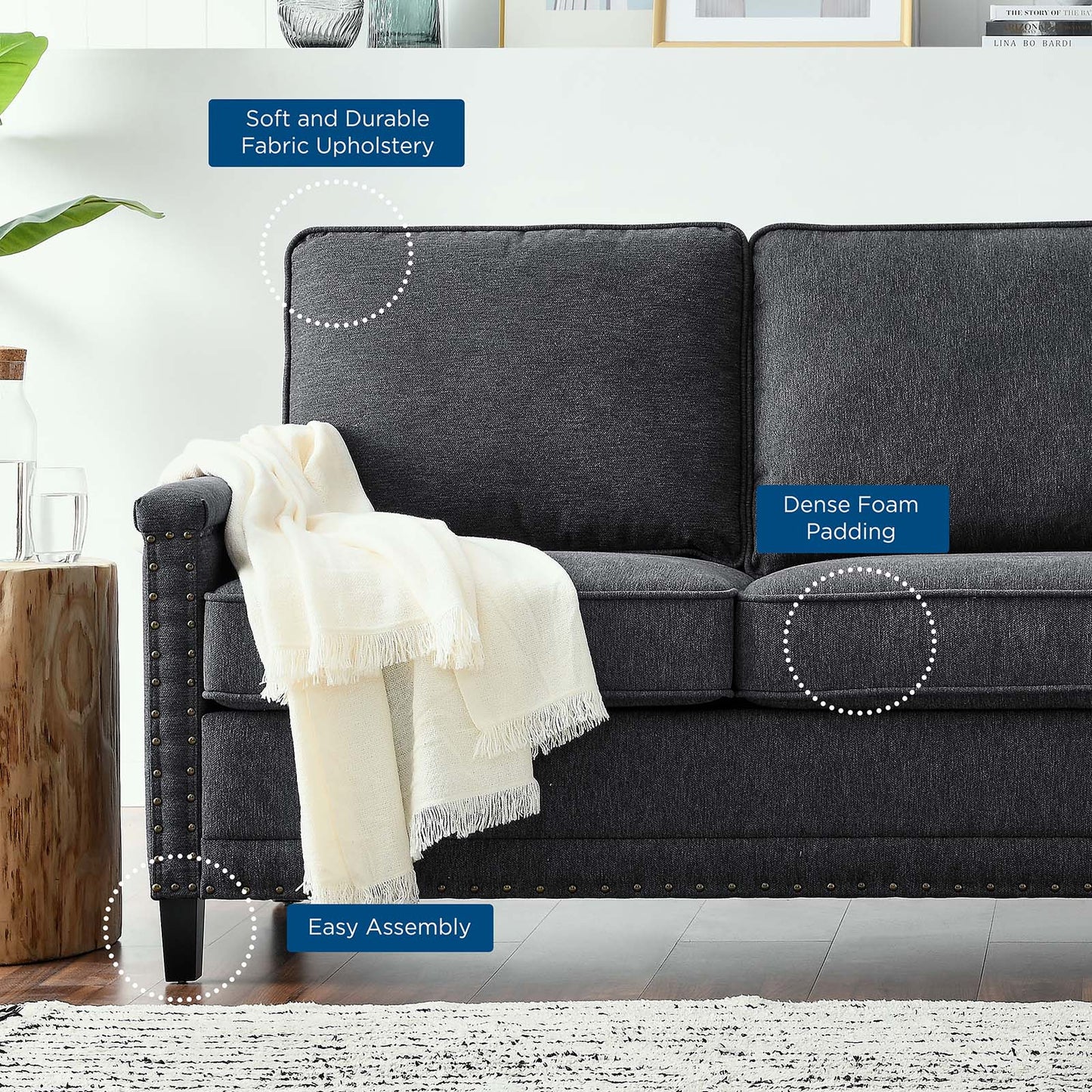 Ashton Upholstered Fabric Sofa, Fabric, Dark Grey Gray, 20821