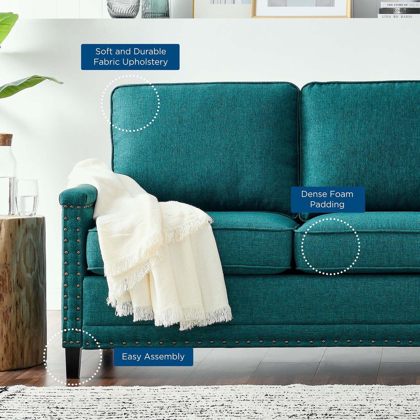 Ashton Upholstered Fabric Sofa, Fabric, Teal Blue, 20823